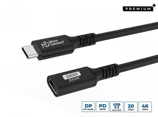 MicroConnect Premium USB-C -jatkokaapeli 0,5m 20Gbps, 240W, USB 3.2 Gen 2x2
