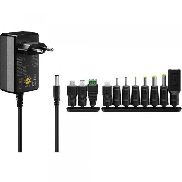 Yleismuuntaja 3V - 12V, Max. 3.6 W, black - incl. 11 adapters  7 DC adapters plus USB-C, USB-