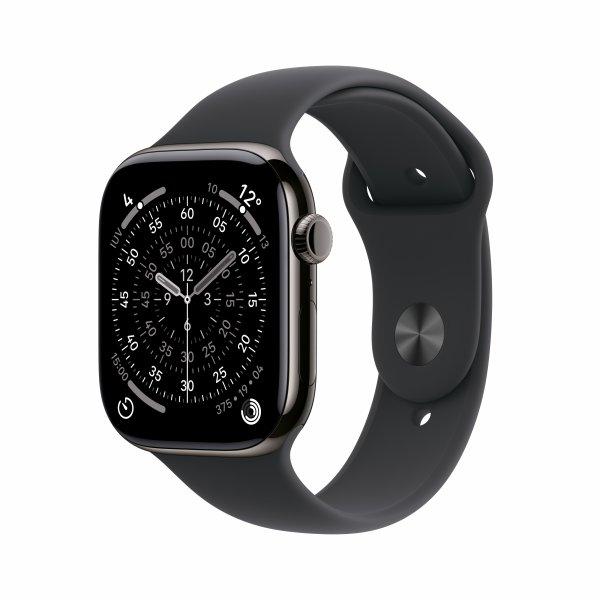 Apple Watch Series 11 (GPS + Cellular) - 42 mm - liuskatiitti - älykello kanssa urheiluranneke - fluoroelastomeeri - musta pannan koko S/M - 64 Gt - Bluetooth, LTE, Wi-Fi 4, UWB - 5G - 34.6 g