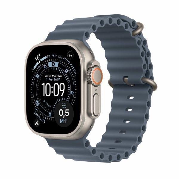 Apple Watch Ultra 3 - 49 mm - luonnollinen titaani - Kyllä älykello kanssa Ocean-ranneke - fluoroelastomeeri - ankkurinsininen ranteen koko 130-200 mm - 64 Gt - LTE, Wi-Fi 4, UWB, Bluetooth, NFC - 5G - 61.6 g