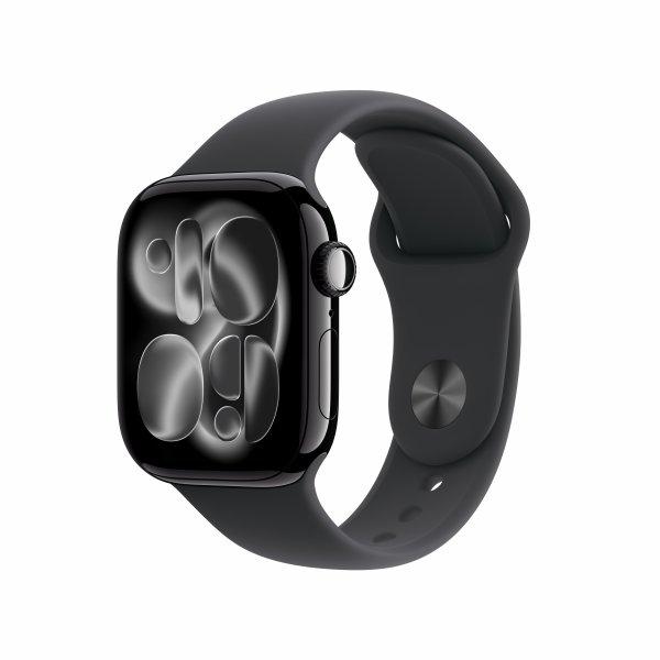 Apple Watch Series 11 (GPS) - 42 mm - suihkumustan alumiini - älykello kanssa urheiluranneke - fluoroelastomeeri - musta pannan koko S/M - 64 Gt - Bluetooth, Wi-Fi 4, UWB - 30.3 g