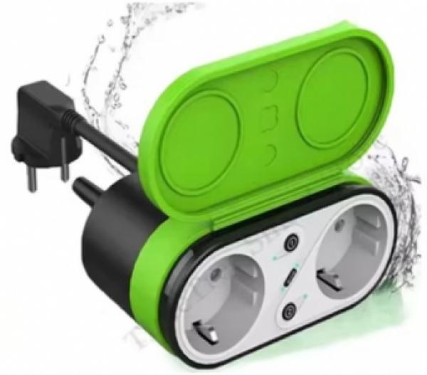 Tuya Langaton WiFi kaksoispistorasia IP44,16A Energy metering