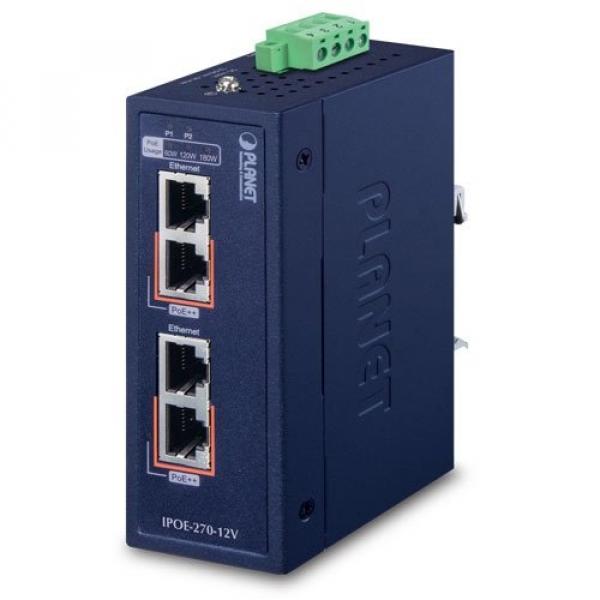 Planet IP30 Industrial 2-Port Multi-gigabit 802.3bt PoE++ Injector IPOE-270-12V, 2.5 Gigabit Ethernet,5 Gigabit Ethernet,Gigabit