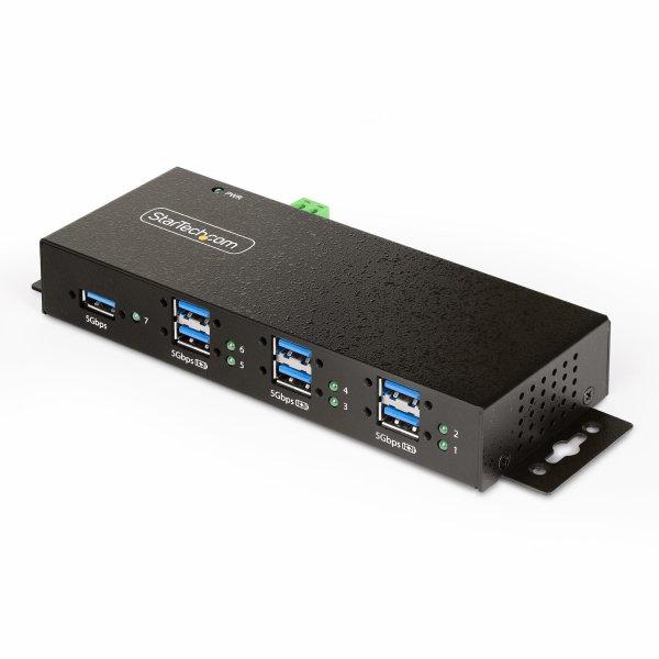 StarTech.com 7-Port Managed USB Hub with 7x USB-A, Heavy Duty with Metal Industrial Housing, ESD Surge Protection, Wall/Desk/Din-Rail Mountable, USB 3.0/3.1/3.2 Gen 1 5Gbps Sort