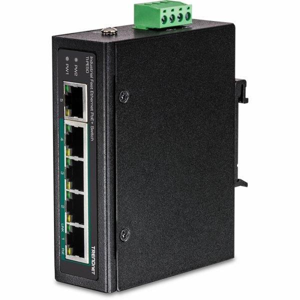 TRENDnet TI-PE50 DIN-Rail Switch 5-Port Industrial Fast Ethernet PoE+