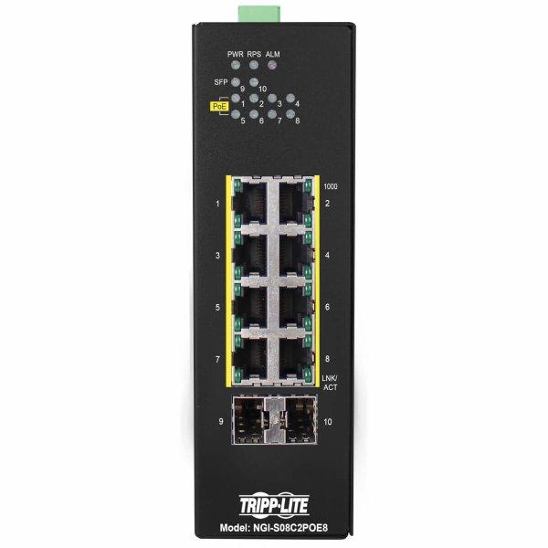Eaton Tripp Lite series 8-Port Lite Managed Industrial Gigabit Ethernet Switch - 10/100/1000 Mbps, PoE+ 30W, 2 GbE SFP Slots, -10 to 60C, DIN Mount Switch 8-porte Gigabit Ethernet PoE+