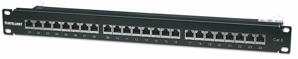 Intellinet Patch Panel, Cat6, FTP, 24-Port, 1U, Shielded, 90 Top-Entry Punch-Down Blocks, Black Sort