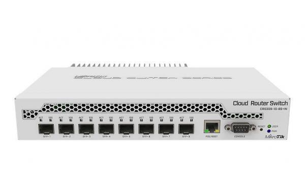 MikroTik Cloud Router Switch DC 800mhz 512MB RAM, 1xGigabit LAN 8 x SFP+ cages, RouterOS L5 or SwitchOS (dual boot) Passive DT Case, RM Ears