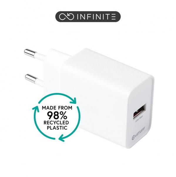 eSTUFF INFINITE (GRS) USB-A Charger EU 18W Qualcom Quick Charge. White. 98 recycled plastic (rPC)