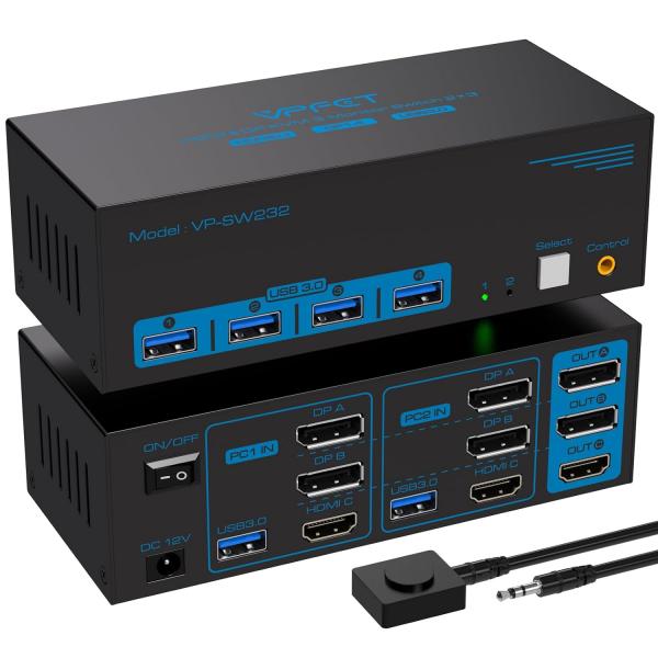 Kahden tietokoneen ja kolmen näytön KVM Switch: 2xDisplayPort 1xHDMI ja neljän USB-laitteen jakaminen