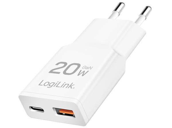 Logilink USB Power Adapter GaN 20W 1xUSB-C 1xUSB-A Valkoinen