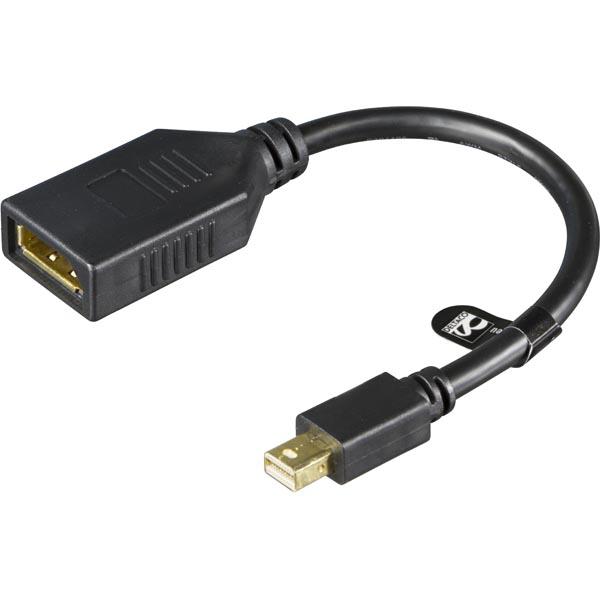 DELTACO DisplayPort-sovitin, Mini DisplayPort 20-pin uros - DisplayPort 20-pin naaras, tukee äänen siirtämistä, Ultra HD taajuudella 30 Hz, 0,2 m, musta