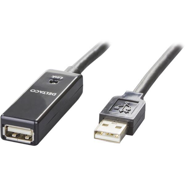 DELTACO PRIME USB 2.0 jatkokaapeli, aktiivinen, Tyypi A uros - Tyyppi A naaras, 15m, musta