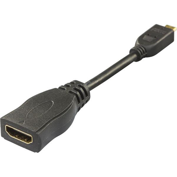 DELTACO HDMI-sovitin, HDMI High Speed with Ethernet, micro HDMI 19-pin ur - HDMI 19-pin na, 0,1m, musta