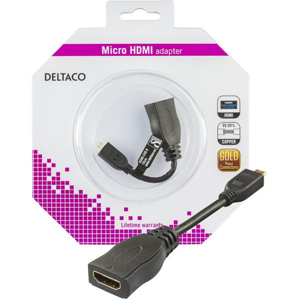 DELTACO HDMI High Speed sovitin, Micro HDMI ha - HDMI , 0,1m, musta