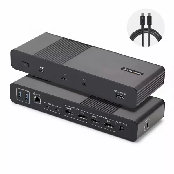 Startech - Telakointiasema malleihin kannettava - USB4 / Thunderbolt 4 / Thunderbolt 5 - 2 x DP, 2 x HDMI - 1GbE, 2.5GbE - 140 watti(a) - TAA-yhteensopiva - Eurooppa, Yhdistynyt kuningaskunta